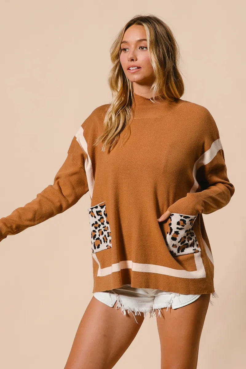 Dame Mock Neck Genser med Leopardlomme Nylon Rayon 6