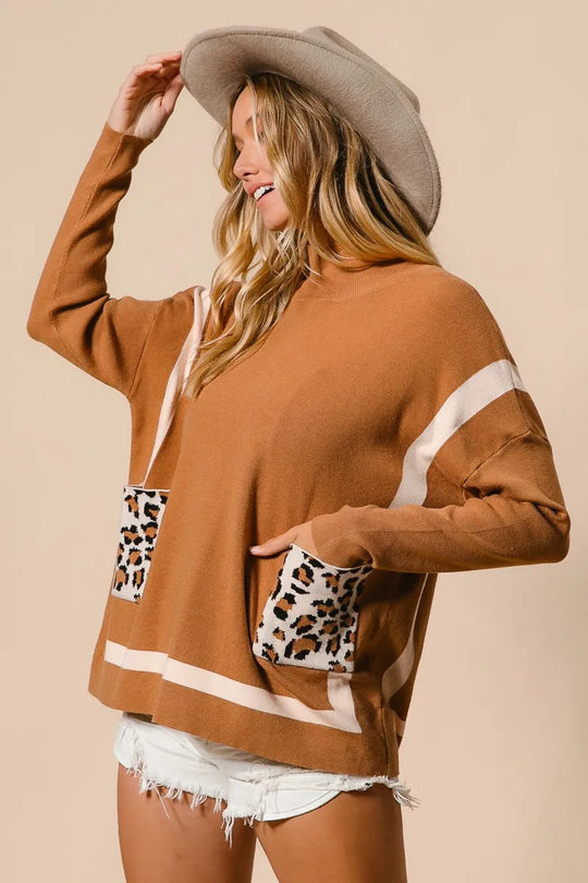 Dame Mock Neck Genser med Leopardlomme Nylon Rayon 7