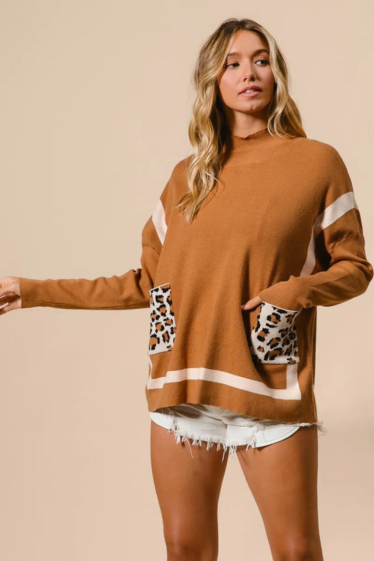 Dame Mock Neck Genser med Leopardlomme Nylon Rayon 8