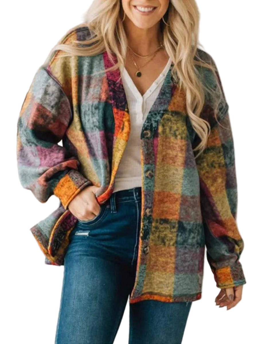 Dame Oversized Kåpe i Fleece med Western Rutemønster 0