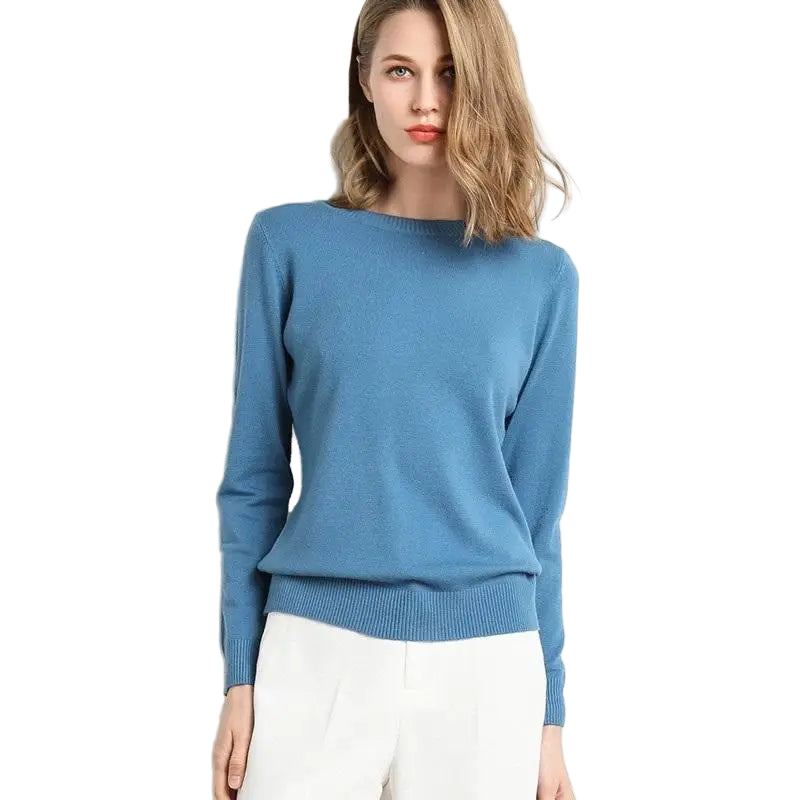Dame Pullover Merino Ull O-Hals Langermet Strikket Topp 0
