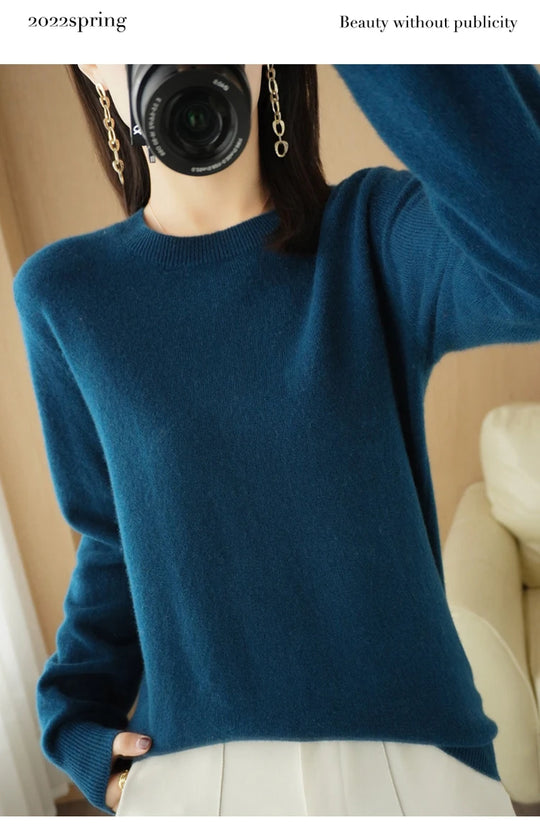Dame Pullover Merino Ull O-Hals Langermet Strikket Topp 10