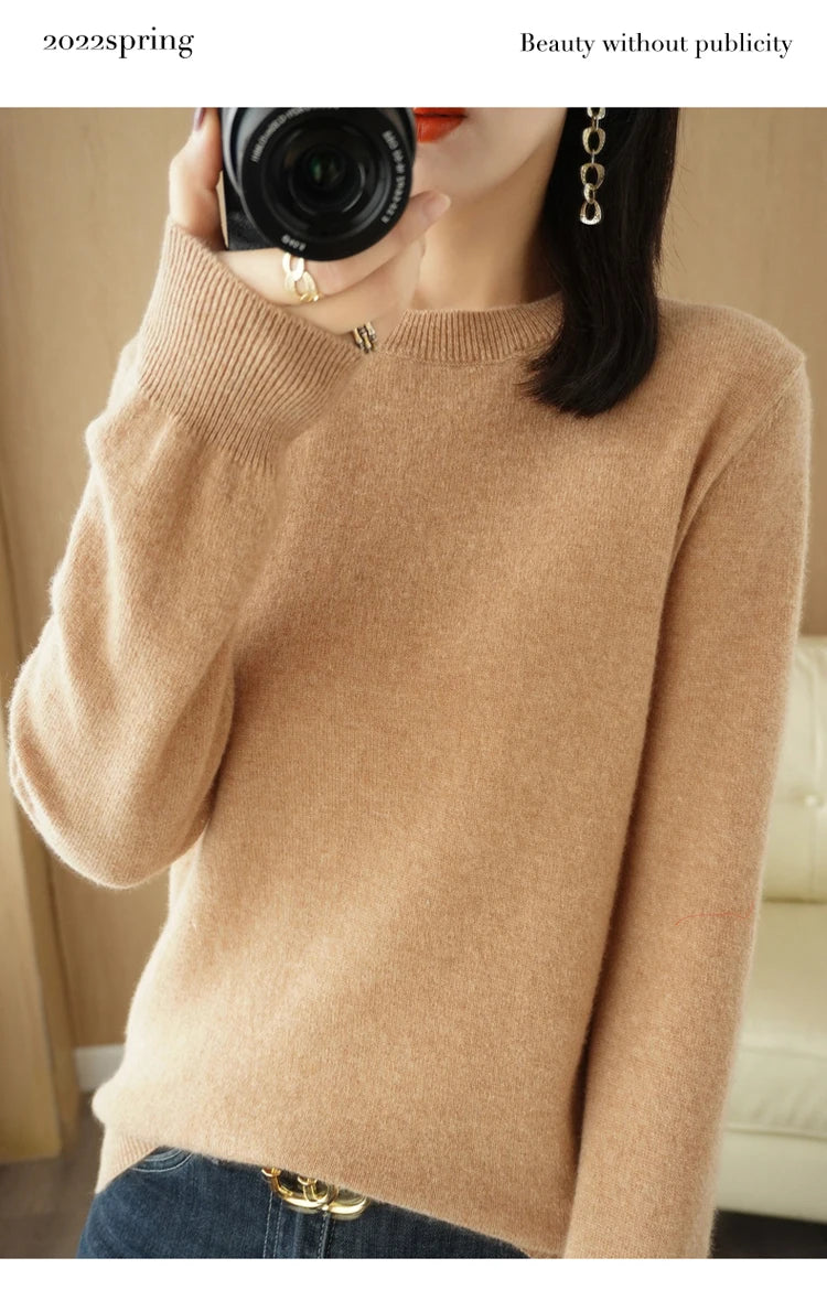 Dame Pullover Merino Ull O-Hals Langermet Strikket Topp 12