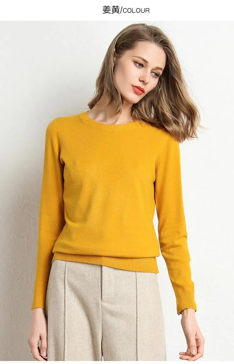 Dame Pullover Merino Ull O-Hals Langermet Strikket Topp 13