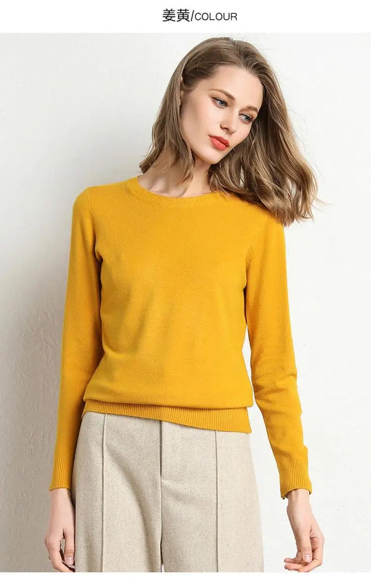 Dame Pullover Merino Ull O-Hals Langermet Strikket Topp 13