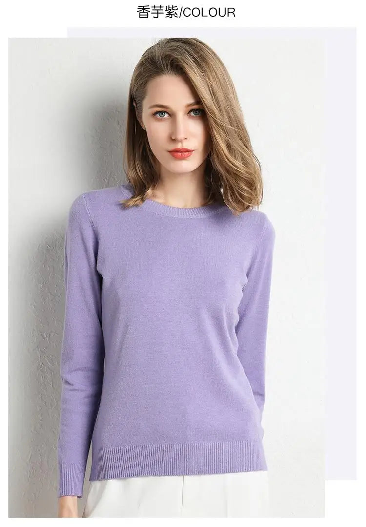 Dame Pullover Merino Ull O-Hals Langermet Strikket Topp 14