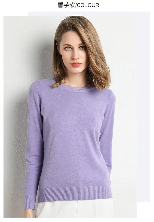 Dame Pullover Merino Ull O-Hals Langermet Strikket Topp 14
