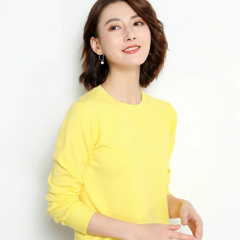Dame Pullover Merino Ull O-Hals Langermet Strikket Topp 16