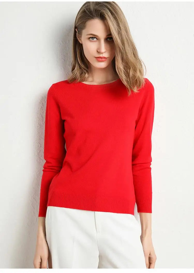 Dame Pullover Merino Ull O-Hals Langermet Strikket Topp 17