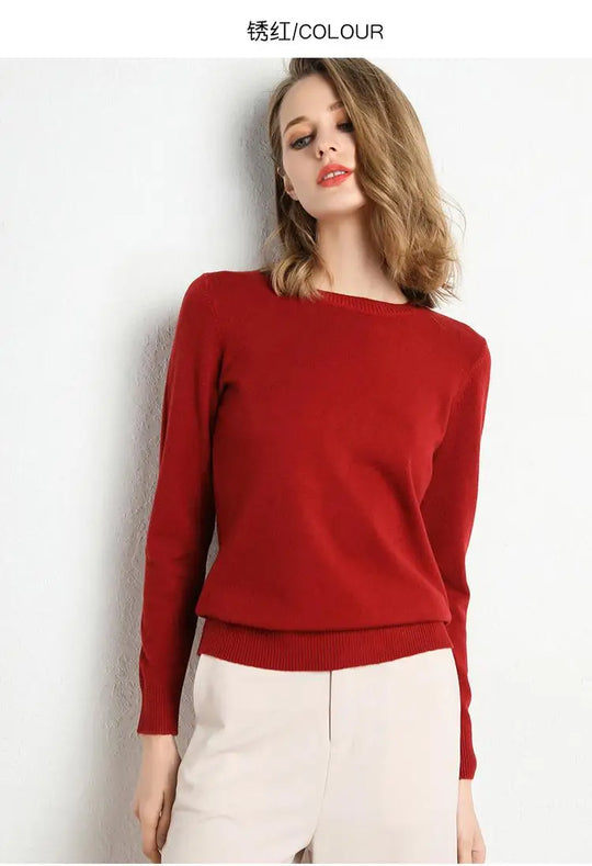 Dame Pullover Merino Ull O-Hals Langermet Strikket Topp 18