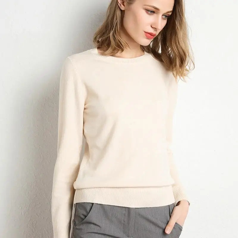 Dame Pullover Merino Ull O-Hals Langermet Strikket Topp 2