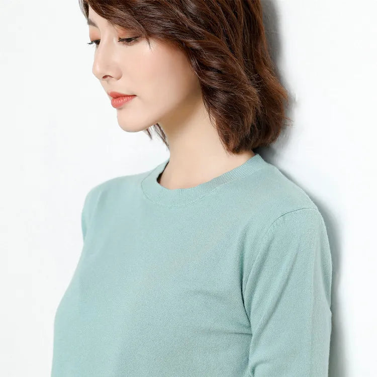 Dame Pullover Merino Ull O-Hals Langermet Strikket Topp 22