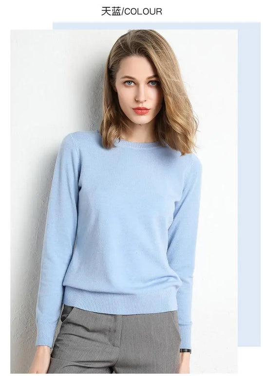 Dame Pullover Merino Ull O-Hals Langermet Strikket Topp 23