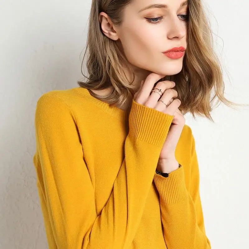 Dame Pullover Merino Ull O-Hals Langermet Strikket Topp 3