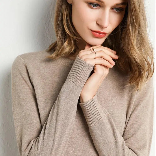 Dame Pullover Merino Ull O-Hals Langermet Strikket Topp 5