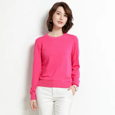 Dame Pullover Merino Ull O-Hals Langermet Strikket Topp 6