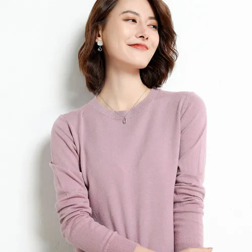 Dame Pullover Merino Ull O-Hals Langermet Strikket Topp 7
