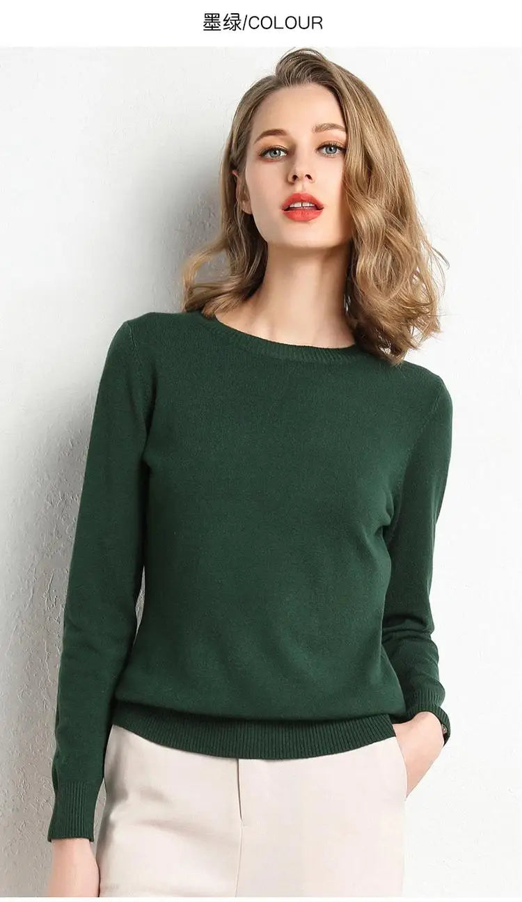 Dame Pullover Merino Ull O-Hals Langermet Strikket Topp 9