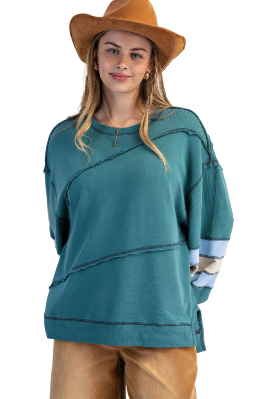 Dame Pullover med Fargeblokk og Broderi i Bomull 0