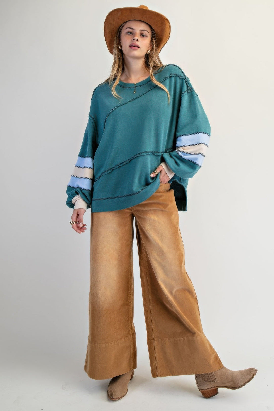 Dame Pullover med Fargeblokk og Broderi i Bomull 1