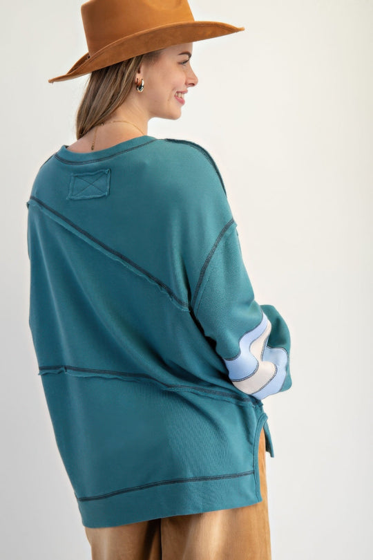 Dame Pullover med Fargeblokk og Broderi i Bomull 2