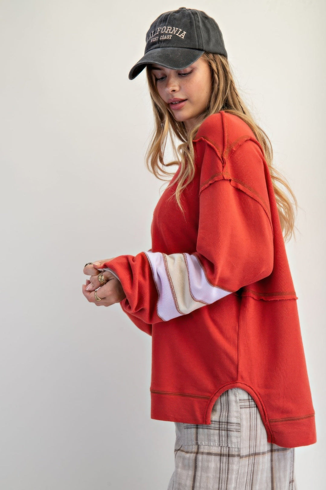 Dame Pullover med Fargeblokk og Broderi i Bomull 3