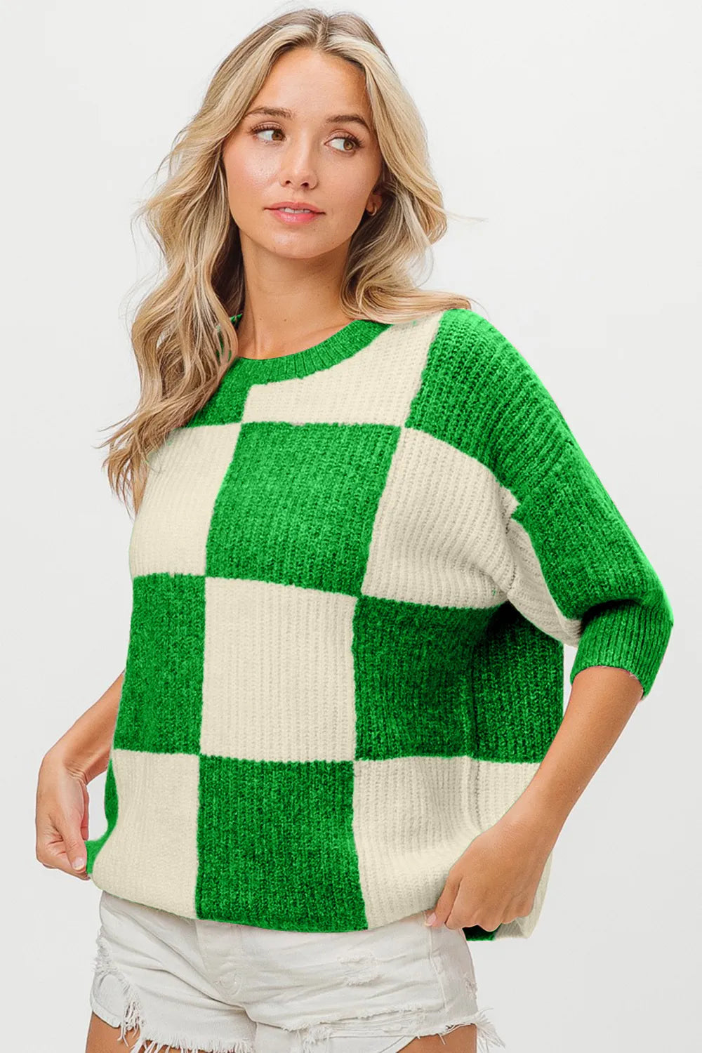 Dame Rundhals Genser Rutemønster Polyester Akryl Nylon Spandex 1