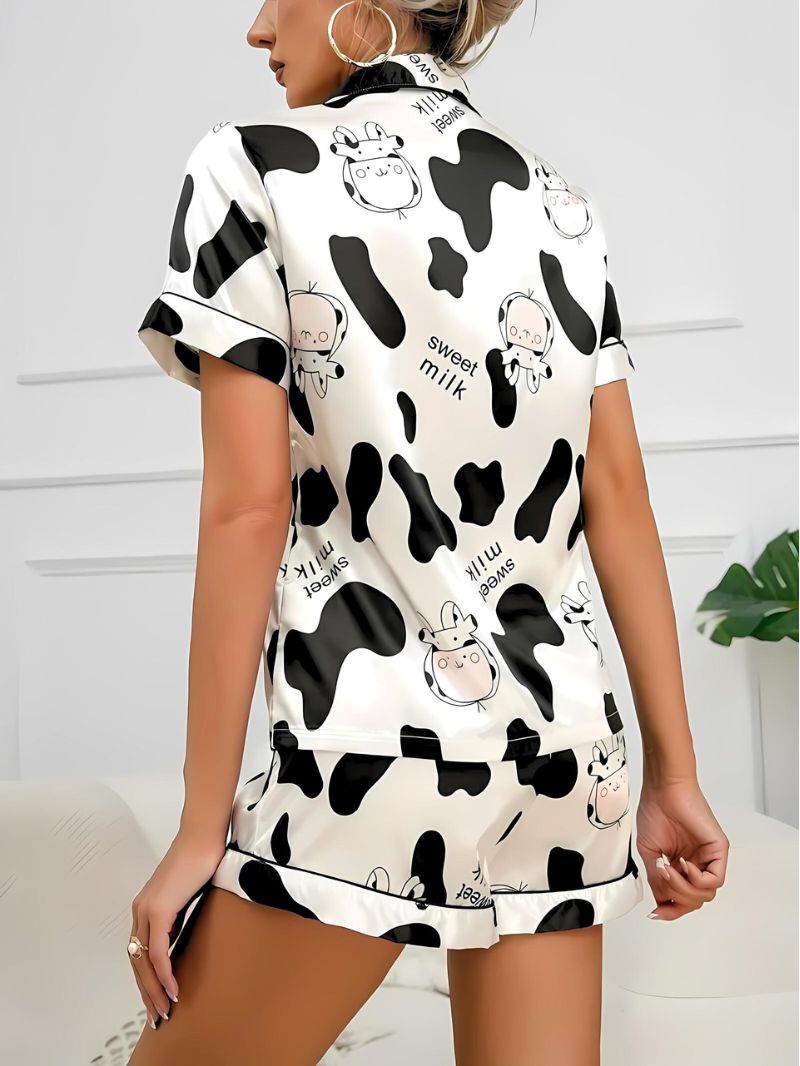 Dame Satin Pyjamas Sett med Knapp og Elastisk Midje 2