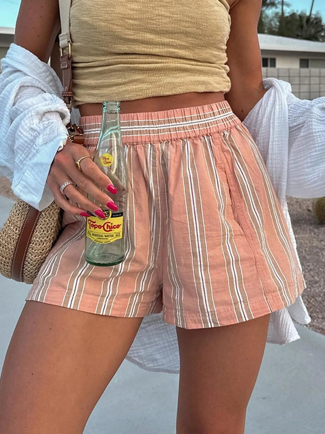 Dame Shorts Høyt Liv Stripete Linblanding Komfortabel Sommerstil 6