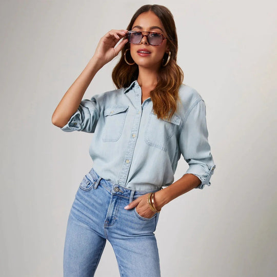 Dame Skjorte Denim Med Lange Ermer Trendy Design 1