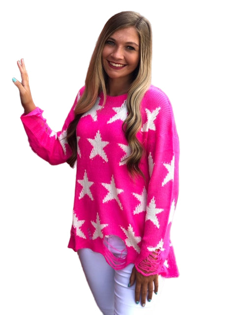 Dame Strikkegenser med Rund Hals og Stjerneprint i Neon Rosa 0