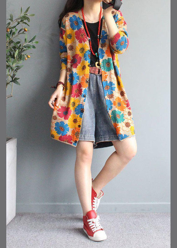 Dame Strikket Cardigan med V-hals og Trykk 2