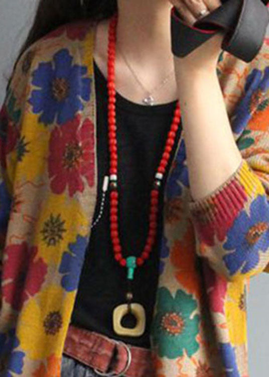 Dame Strikket Cardigan med V-hals og Trykk 4