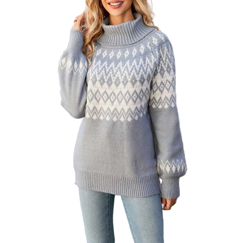 Dame Strikket Genser Høy Krage Geometrisk Mønster 0
