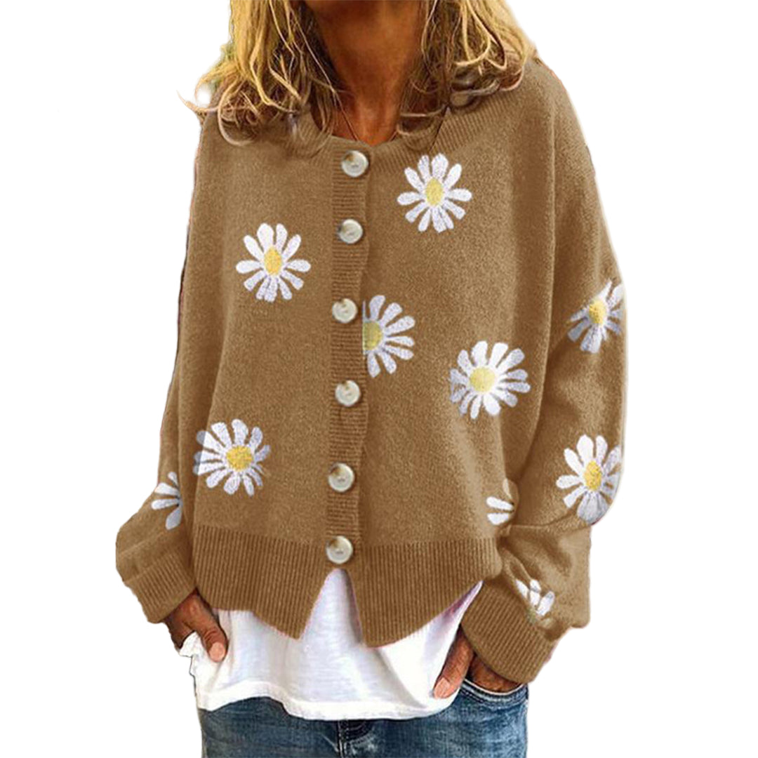 Dame Strikket Genser med Blomstermønster 0
