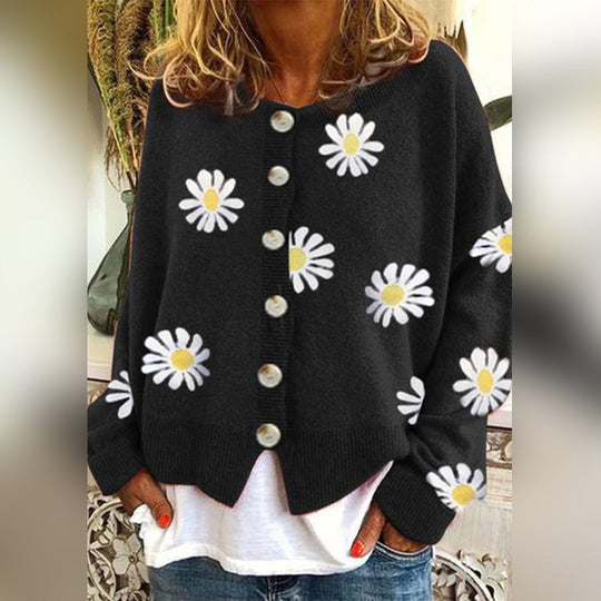 Dame Strikket Genser med Blomstermønster 2