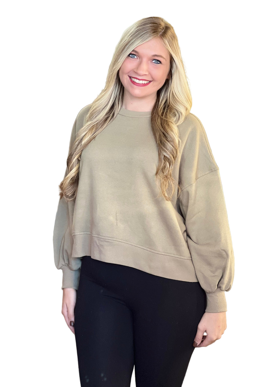 Dame Sweatshirt med Ballongsleeve og Drop Shoulder i Khaki 0