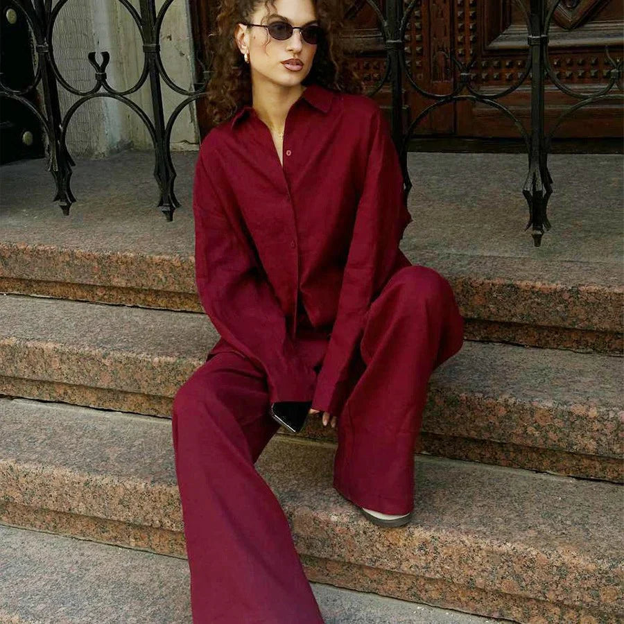 Dame To-delt Sett – Oversized Knapp-Up Skjorte – Vide Bukser – Linblanding 2