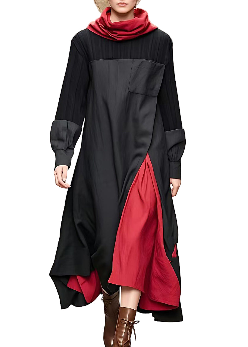 Dame Turtleneck Lang Kjole Med Patchwork 0