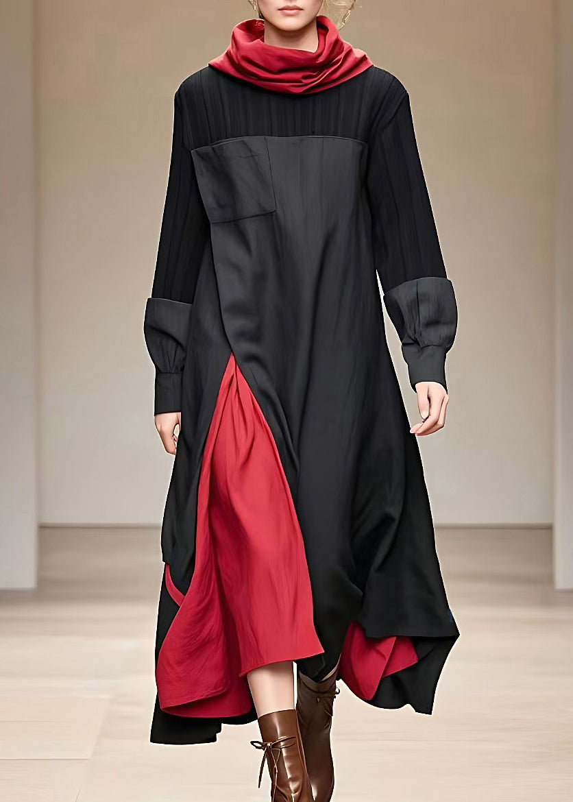 Dame Turtleneck Lang Kjole Med Patchwork 1