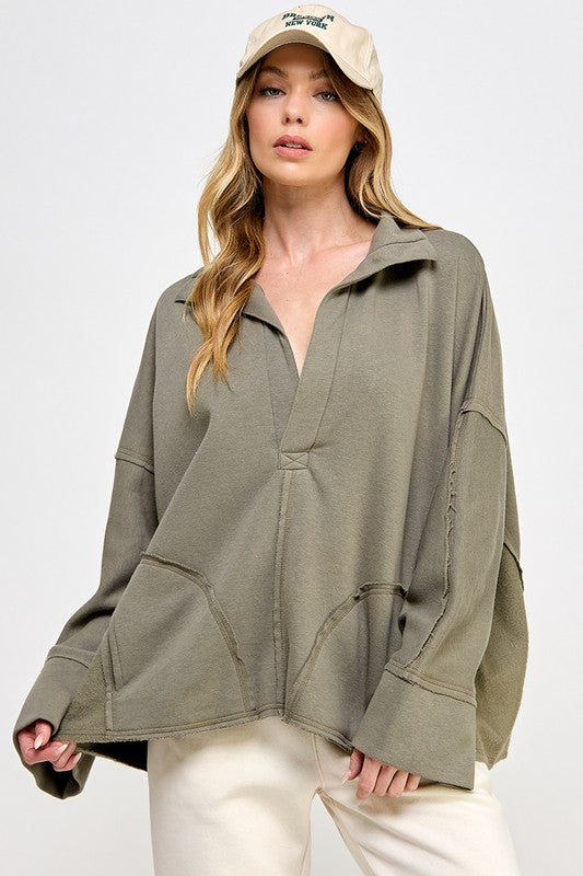 Dame V-Hals Pullover med Dolman Ermer i Grønn 1