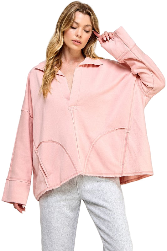 Dame V-Hals Pullover med Dolman Ermer i Rosa 0