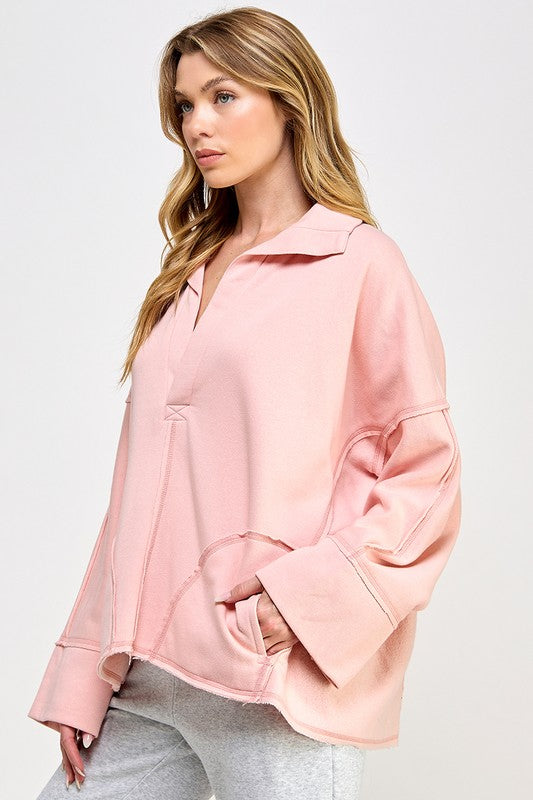 Dame V-Hals Pullover med Dolman Ermer i Rosa 1