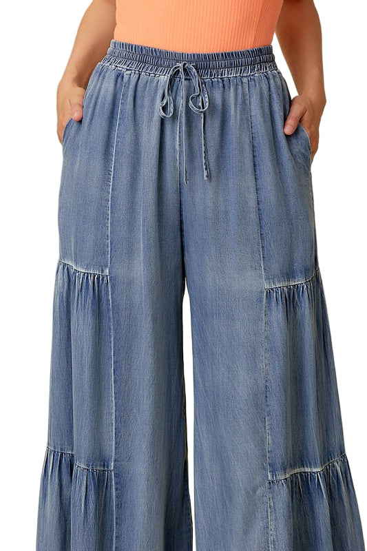 Dame Wide Pants Vasket Denim med Volanger 0