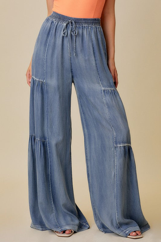 Dame Wide Pants Vasket Denim med Volanger 1