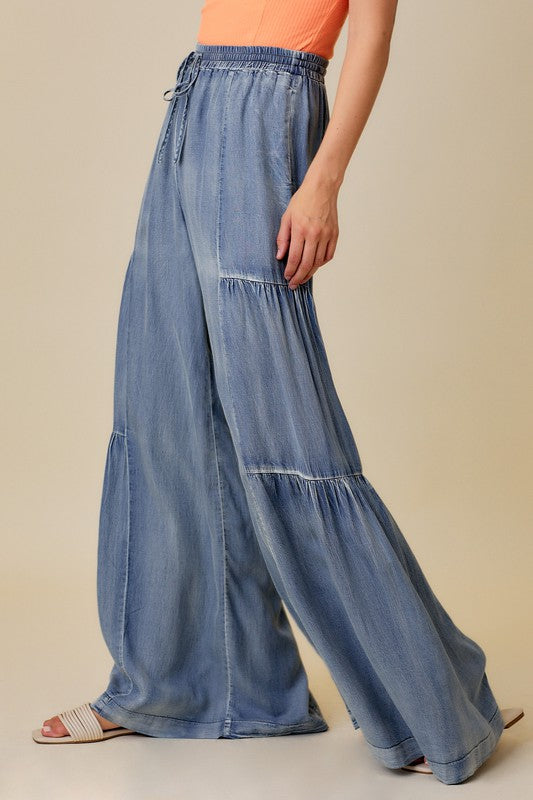 Dame Wide Pants Vasket Denim med Volanger 2