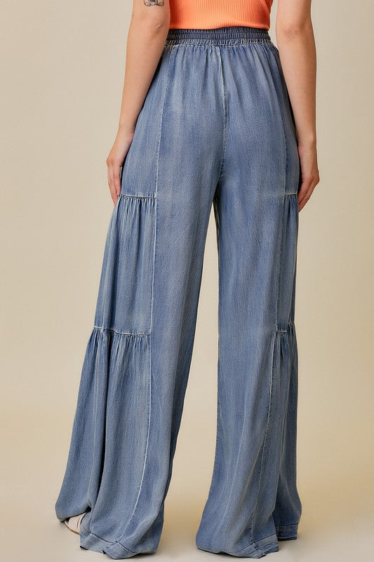 Dame Wide Pants Vasket Denim med Volanger 3