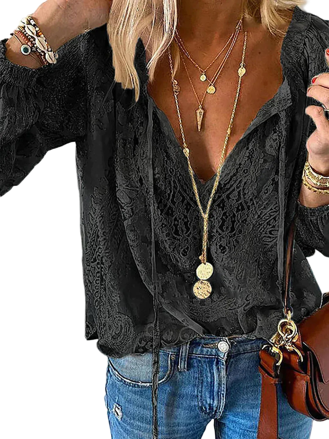 Damebluse med Blonde Detaljer 0