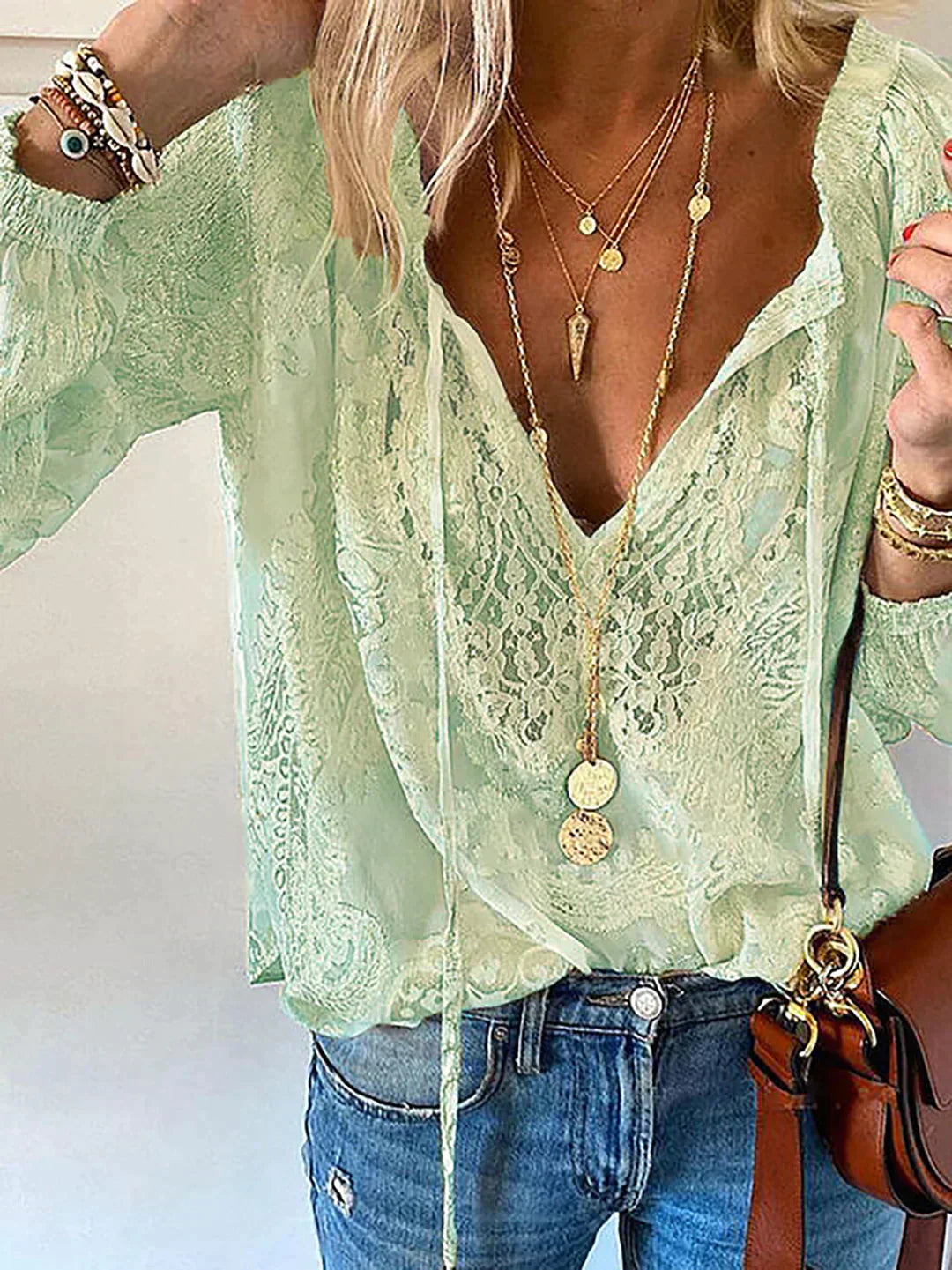 Damebluse med Blonde Detaljer 3