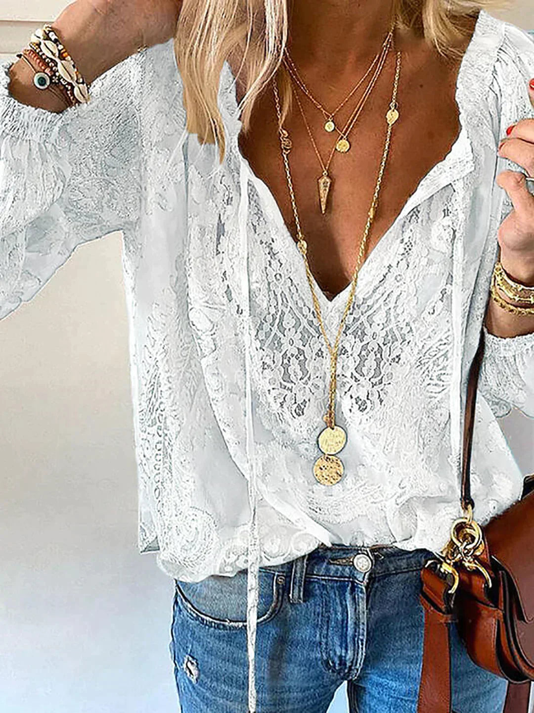 Damebluse med Blonde Detaljer 4